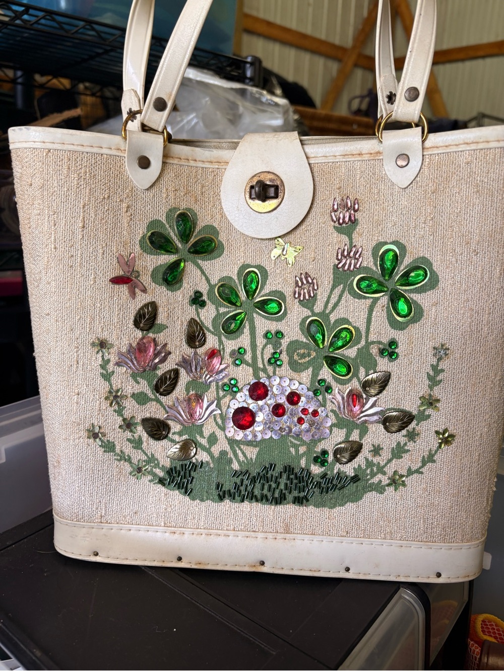 Vintage Enid Collin’s Embroidered Floral Tote Bag in Cream with Green Accents